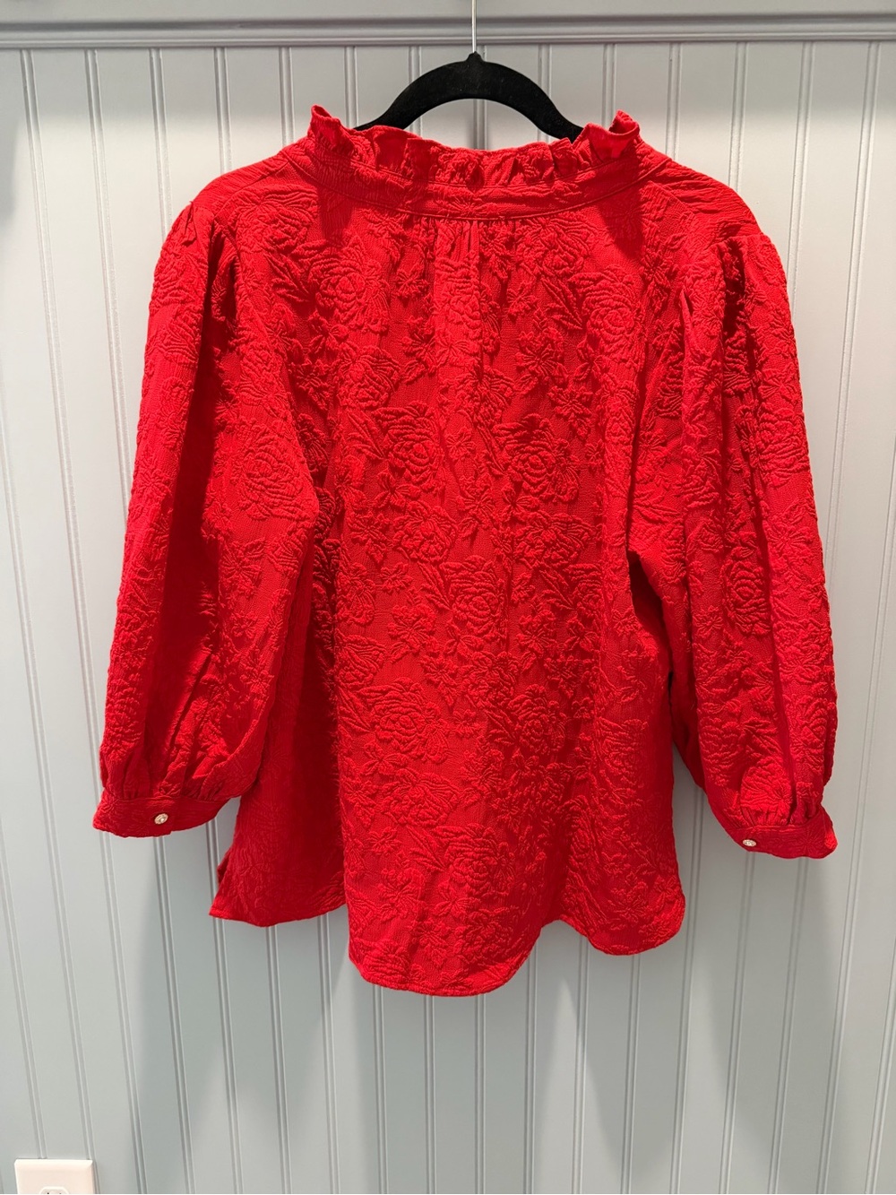 Textured Red Ruffle-Collar Blouse with Button Placket - Picture 5 of 5